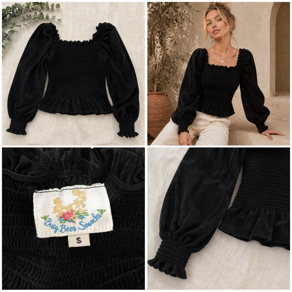 Busy Bees Smocked Black Corduroy Peasant Top S Puff Sleeve Cottagecore